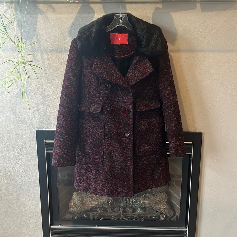 Ivanka Trump Wool Coat red & black w/removable black faux fur collar Womens M